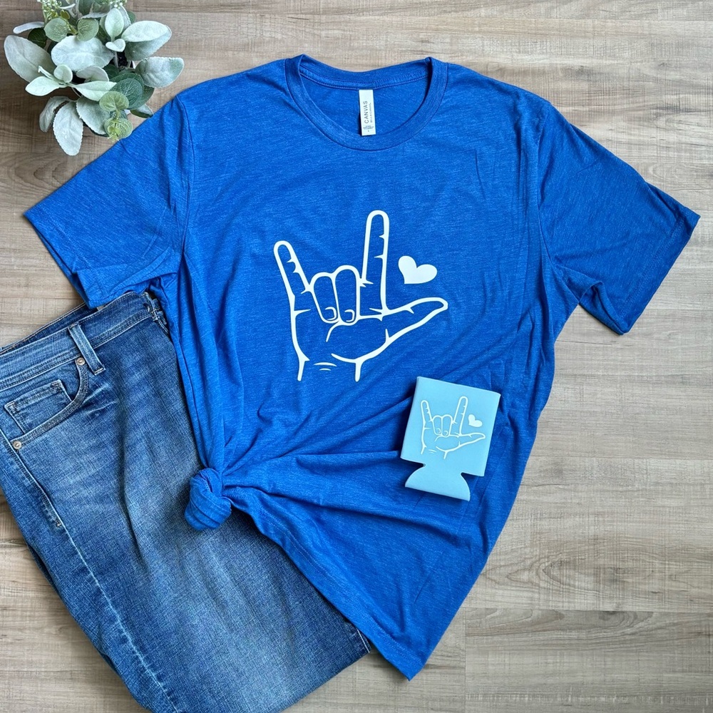 Royal Blue Tri-blend Tee & Can Cooler ILY Sign Language Design